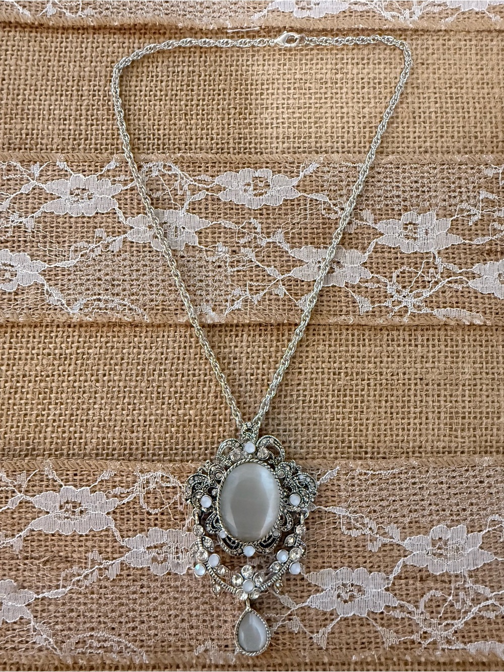 Avon Silver-Tone White Cabochon Filigree Pendant Necklace